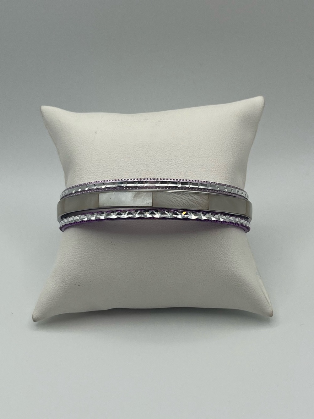 Lot of 3 Bangle Bracelets, Purple, Silver And Mother of Pearl